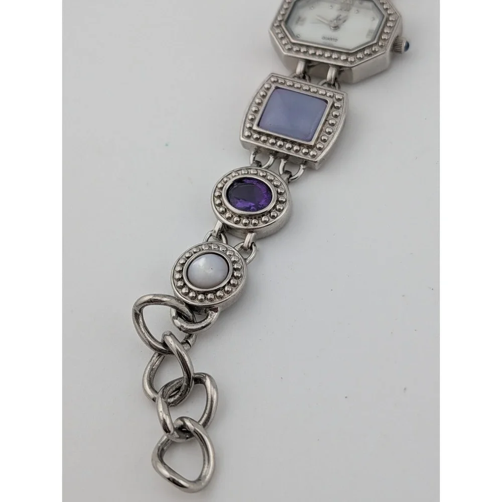 Aria Women's Purple Gemstone Silver Tone Watch MOP Dial 23-569 New Battery